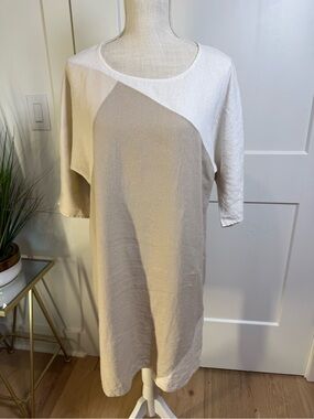 For Cynthia Linen Blend Colorblock Tunic Dress | Small | Beige & White 3/4 Sleev